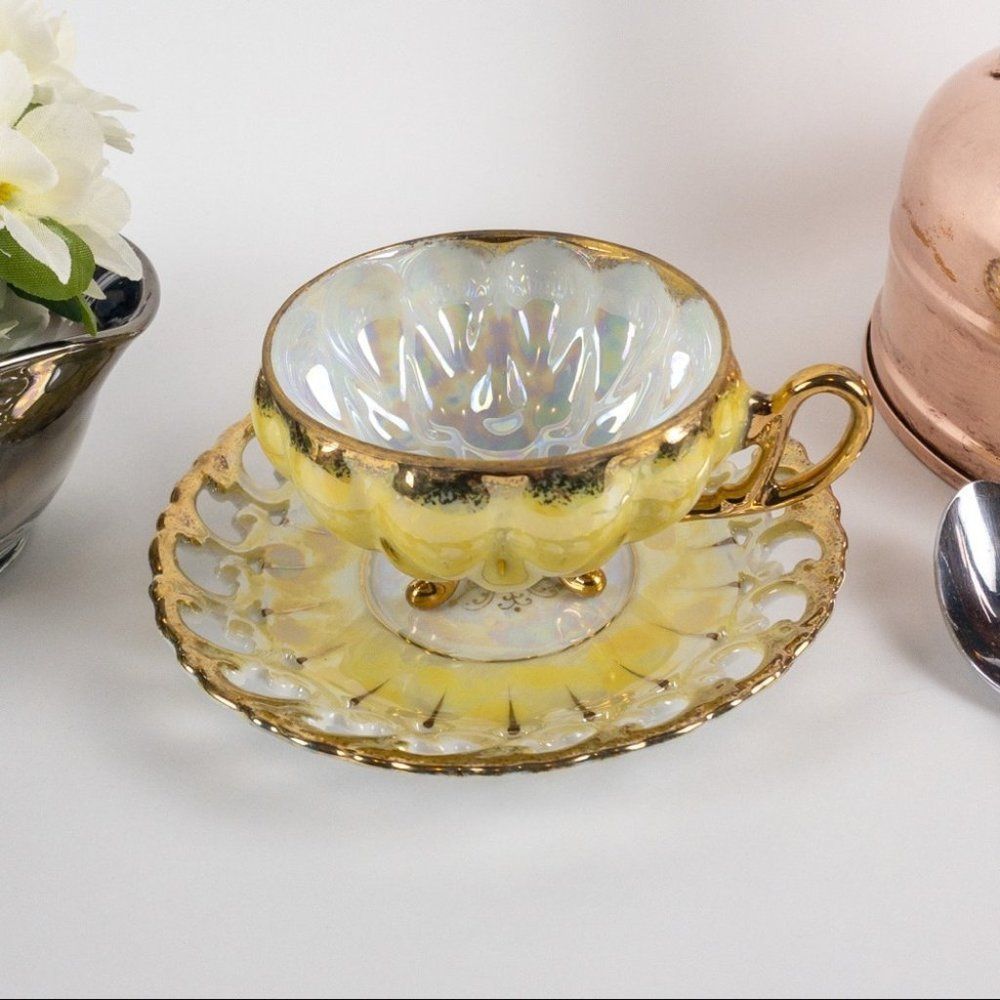 Vintage Royal Sealy Tea Cup in Luster Yellow with Gold and Iridescent Accents